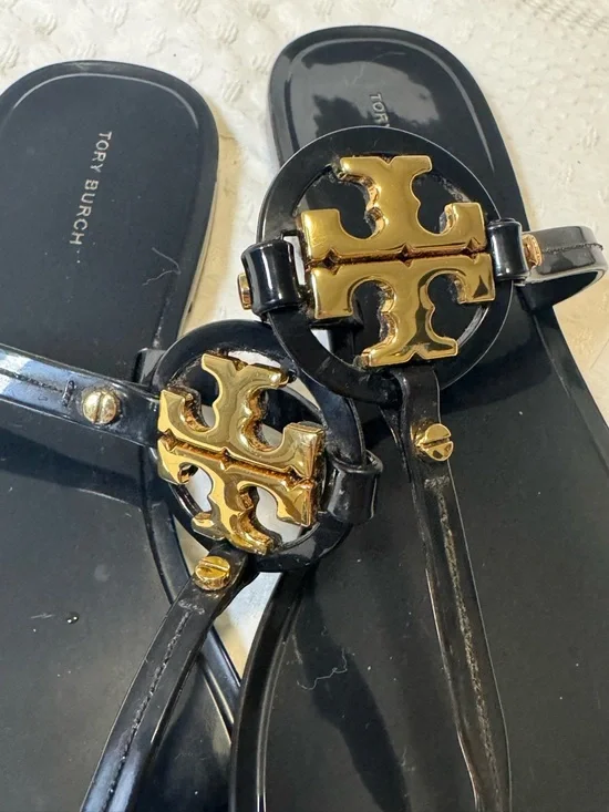 Tory Burch Black Jelly Logo Thong Sandals with Gold Emblem - Picture 3 of 6